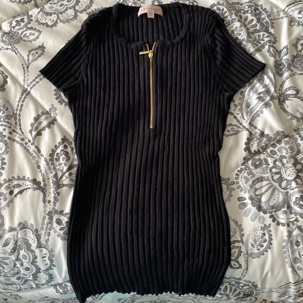 Philosophy Black ribbed with zipper front. Short sleeve top
